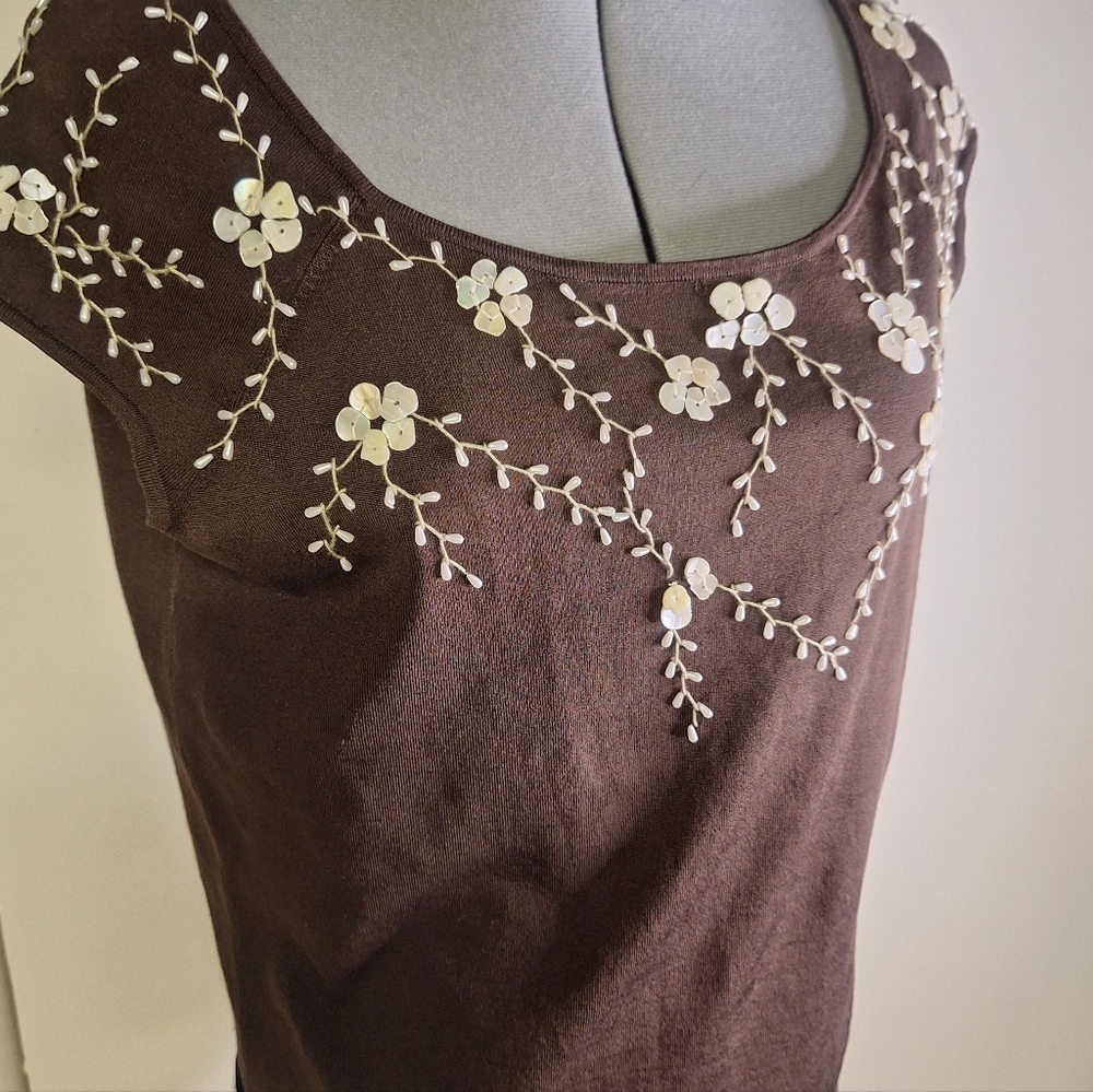 Brown Silk Blouse with White Beading & Floral Decorative Buttons Size XL
